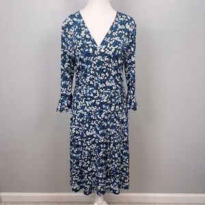 Leota Ryann black blue white floral faux wrap ruffle sleeve midi dress, medium.
